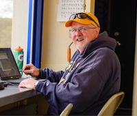 Owens in the Football pressbox at Beloit College during the 2016 season.